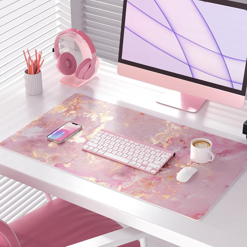 QIYI Large Mouse Pad, Cute Pink Desk Mat for Desktop, Women Girls PU Leather Waterproof Gaming, Rose Gold Marble Computer PC Laptop Protector Writing Pads for School Office Home 31.5" x 15.7" by QiyI