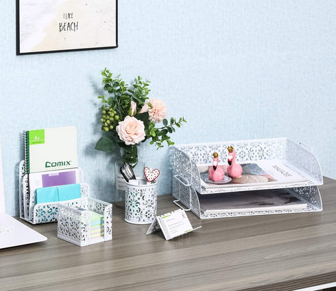 EasyPAG 5 in 1 Desk Organizer Set, 2 Tier Stackable Tray, Letter Sorter, Pen Holder, White