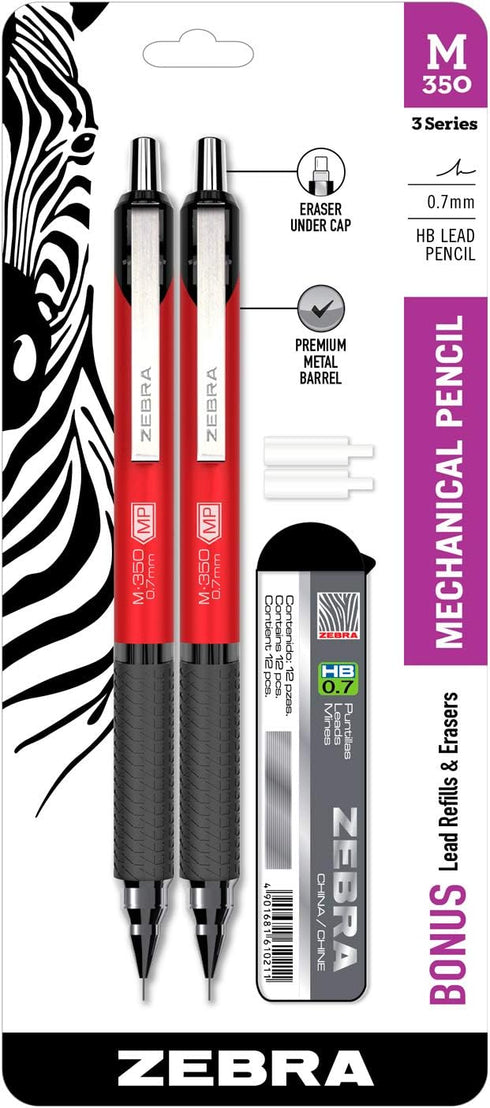 Zebra Pen M-350 Mechanical Pencil, 0.7mm Point Size, Crimson Red Barrel, 2 Pack