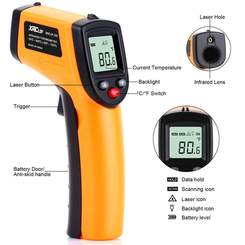 Digital Infrared Thermometer Tool Gun with Adjustable Emissivity Non-Contact Laser Temperature Gun for Cooking
