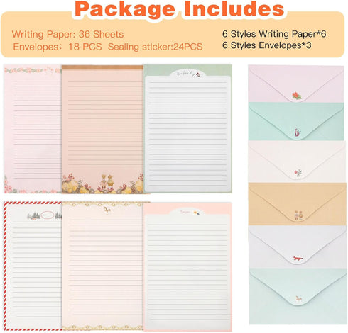54 Set Envelopes,36 Paper+18 KSIWRE PCS Stationery with Writing Envelopes,Cute Lined Stationery Paper for Writing