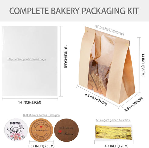 200 Pack 150 50 50 600 Paper Bread Bags Ste, Pcs Kraft Paper Bread Bags and Pcs Clear Bakery Bags Sourdough Bags