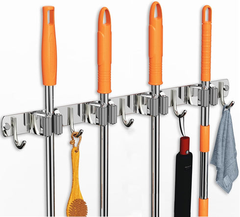 Mop and Broom Holder Wall Mount, Upgraded Stainless Steel Organizer with 4 Racks and 5 Hooks