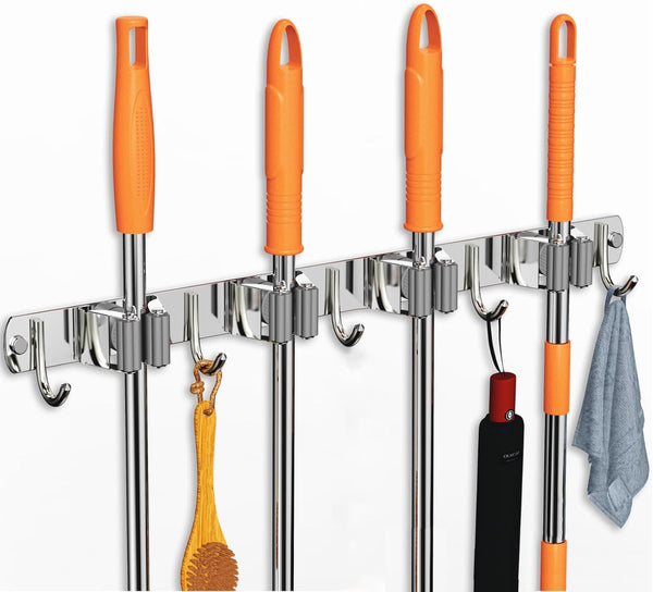 Mop and Broom Holder Wall Mount, Upgraded Stainless Steel Organizer with 4 Racks and 5 Hooks