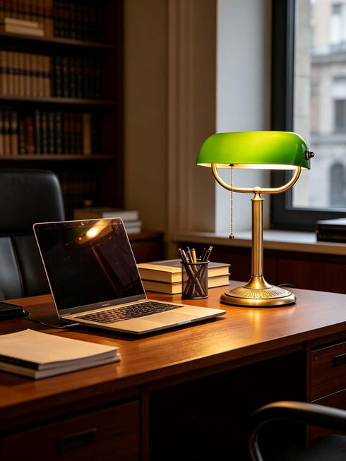1-Minute Bulb Quick-Change Shade Classic Green Glass Bankers Desk Lamp for Study, Office, Library, LED Included