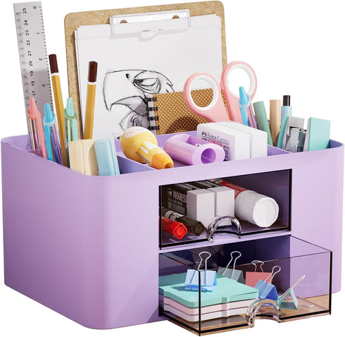 Marbrasse Pen Organizer, Multi-Functional Pencil Holder with 2 Drawers, 5 Compartments for Office Art Supplies (Purple)