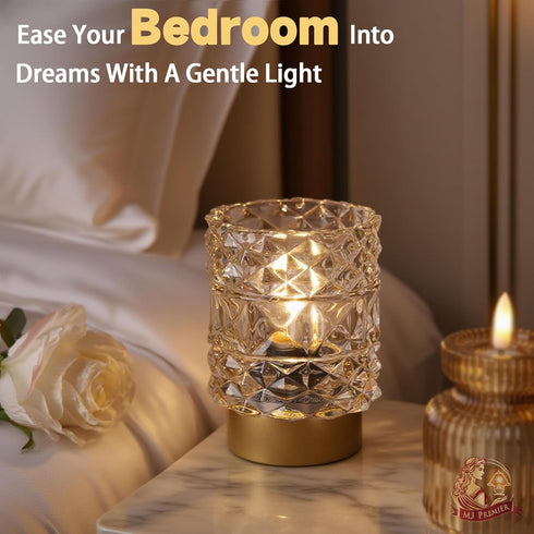 MJ PREMIER Battery Operated Lamp with Timer, Cordless Table Lamps for Shelf Decor, Rhombus Texture Aesthetic Crystal