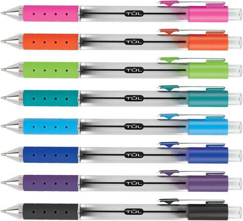 TUL Retractable Gel Pens, Bullet Point, 0.5 mm, Assorted Bright Ink Colors, Gray Barrel, Pack of 8