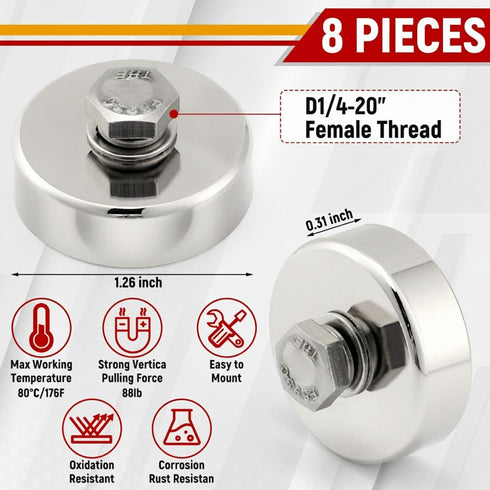MorningRo 8 Pack D1/4''-20 88lb Brackets(1.26 Inch) Strong Neodymium Round Threaded Magnet with Female Thread, Powerful