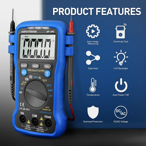 Smart Digital Multimeter, AC DC Voltage Current Meter 6000 Count, Auto Range Multi Tester for Volt Amp Ohm Continuity Cap Resistance Diode/hFE Test, Electrical Measuring Tool for Car, Home, Industry