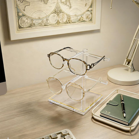 2-Tier 2 Trimmed Counter Acrylic Sunglasses Display Stand, Clear Glasses Stand for Pairs, Luxury Gold Eyeglasses Holder