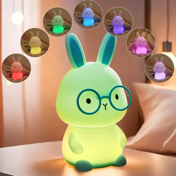 Bunny Night Light for Kids, Soft Silicone Nursery Lamp, 7-Color Glow, 3-Level