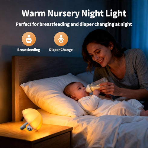 LED Umbrella Night Light, Rechargeable Touch Lamp for Nursery, Bedside Lamp with Cute Animal Design, White (Pink)