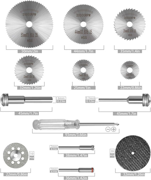 Cutting Wheel Set Compatible with Plastic 36pcs for Rotary Tool, HSS Circular Saw Blades 6pcs, Resin Cutting Discs 20pcs, 545 Diamond Cutting Wheels 10psc with 2 Screwdrivers by Kuenuilr