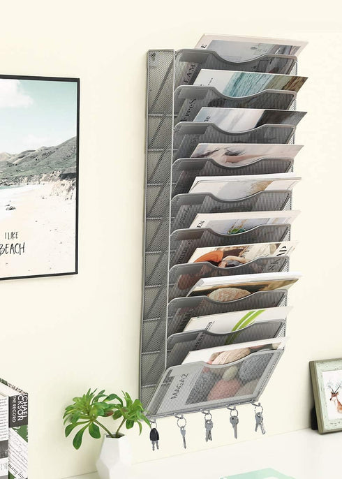 EasyPAG 10 Pocket Hanging File Organizer, Wall Mount Vertical File Holder with 5 Key Hooks, Silver for Office and