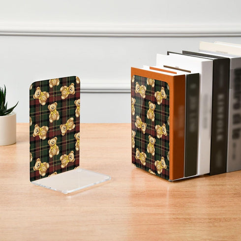 J JOYSAY Holiday Teddy Bears Plaid Print Acrylic Bookends L Shaped Decorative Book Holders Stopper with Non Slip Pads
