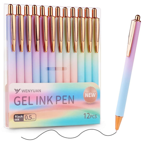 WY WENYUAN Gel Pens, 12 pcs Black Ink Fine Point Smooth Writing Pens, Cute Office School Supplies Gifts
