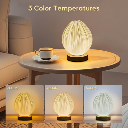 Winawing 3D Dimmable Table Lamp Bedside Small Side Table Lamp with Woodbase Peach Printing Button Control Table USB