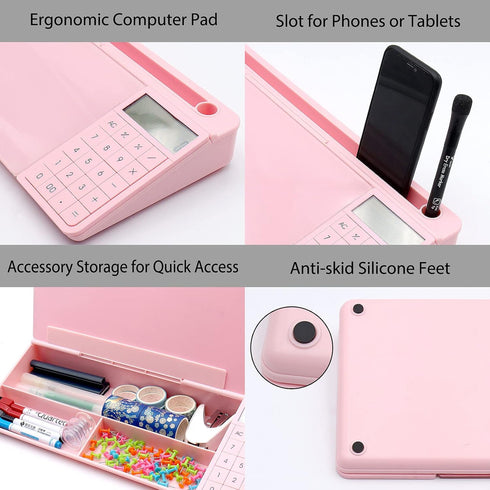 TOWON Pink Desk Dry Erase Board with Detachable Calculator, Small Glass Desktop Whiteboard, 17 x 6 in