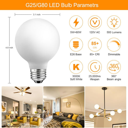 4 Pack G25/G80 Dimmable Bulbs 60W, E26 Bulb 60 3000K, 5W Bulb, E26 Bulbs 500LM MorningLight Globe LED Light LED Watt