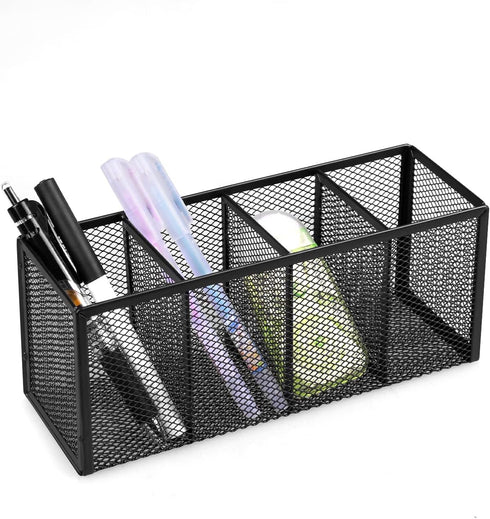 QYH Pencil Holder with 4 Compartments, Metal Mesh Storage Cup for Office Desk Accessories, Makeup Brushes