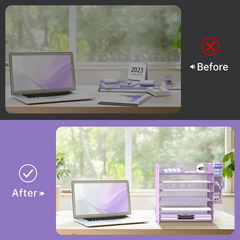 SUPEASY 6 Tier Paper Organizer with 4 Pen Holders, Mesh Desk Organizer for A4 File Folder, Purple
