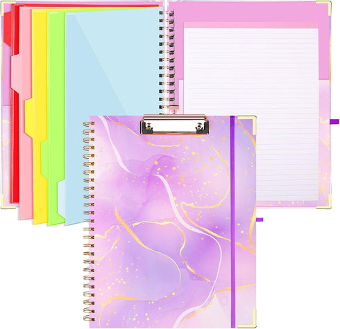 Spiral Clipboard Folio with Refillable Notepad, Cute Clipboard Folder with 5 Dividers and 10 Pockets for School Office