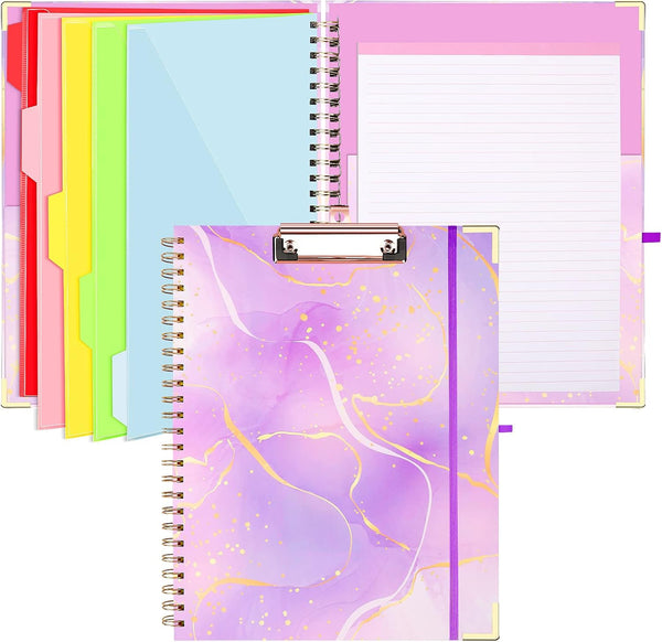 Spiral Clipboard Folio with Refillable Notepad, Cute Clipboard Folder with 5 Dividers and 10 Pockets for School Office