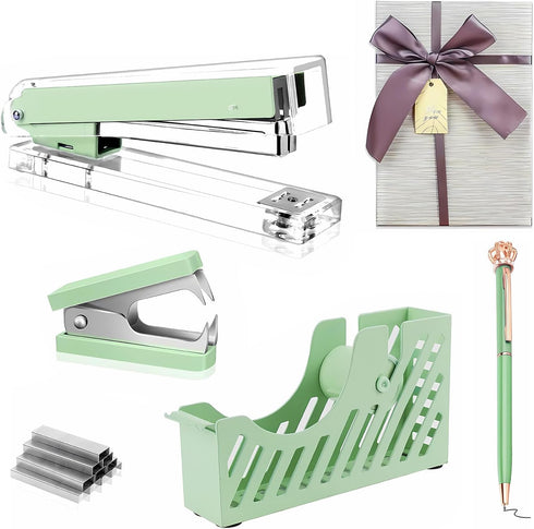Green Desk Accessory Kit - Acrylic Stapler Set for Women and Students - Includes Tape Dispenser and 1000 Staples
