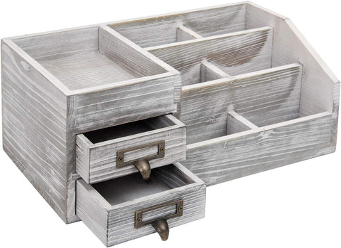 Distressed Rustic Wooden Office Desktop Organizer, 2 Tier Drawers, Multiple Compartments for Jewelry Storage