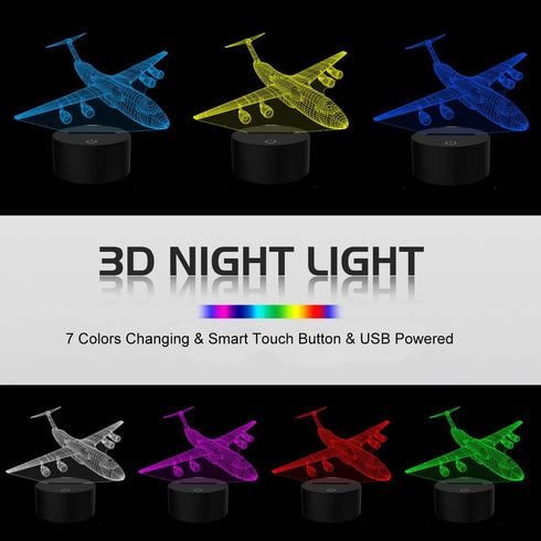 3D 7 Airplane Night Light Plane Illusion Lamp Color Changing Touch Control with USB Cable LED Fighter Toy Table Desk