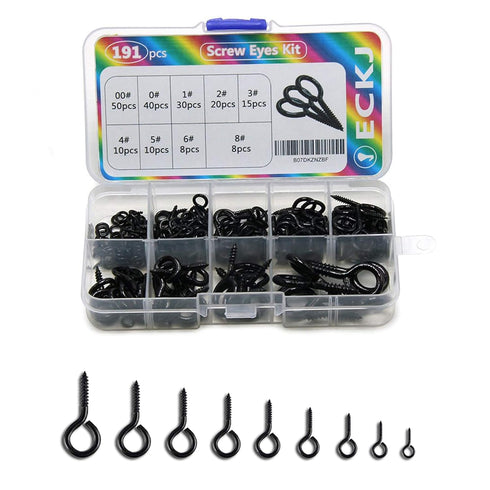 191pcs Screw Eyes Zinc Plated Metal Eye Hook Screw, Self Tapping Screws, 9 Sizes, Color Black