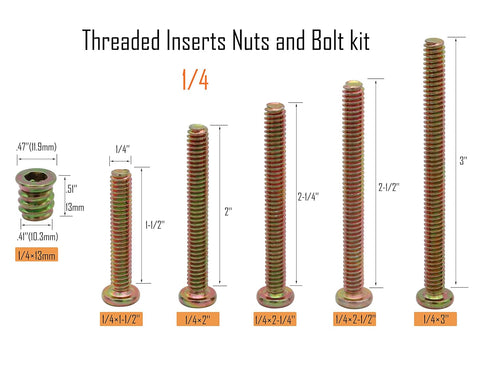 LBY 25 Sets 1/4×13mm Threaded Inserts Nuts and Bolt Assortment kit, Hex Socket Drive Furniture Flanged Screw-in Nut(with Bolt), 5 Sizes, Carbon Steel (Zinc Plated), Yellow