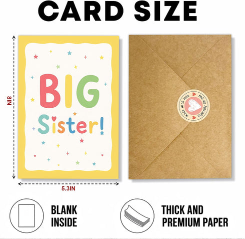 8x5.3 Inch Big Sister Greeting Card, Cute Rainbow Lettering with Stars & Hearts, New Big Sister Congratulations Card