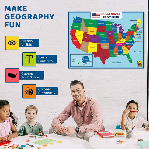 United States Map Laminated Poster, Double-Sided Educational Poster for Kids/Adults, 18 x 24 inch Waterproof Map