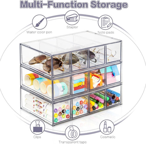 Desk Organizer with 12 Drawers, FODIENS Stackable Desktop Storage Box with Removable Drawer, Clear Sunglasses Organizer