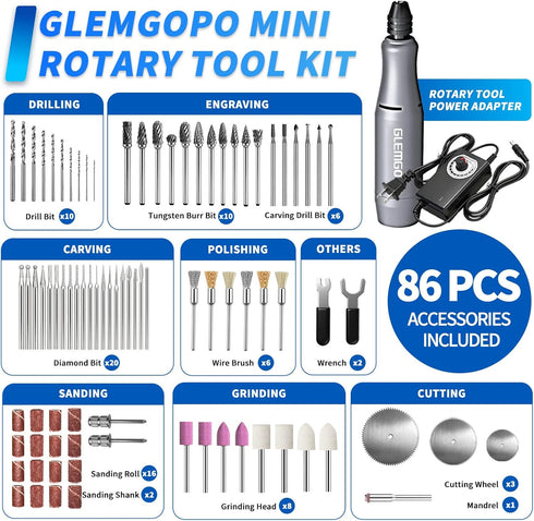 86 0-18,000 3-24V Mini Rotary Tool Kit with Copper Core Motor & Accessories, Variable Speed RPM, Regulated Power