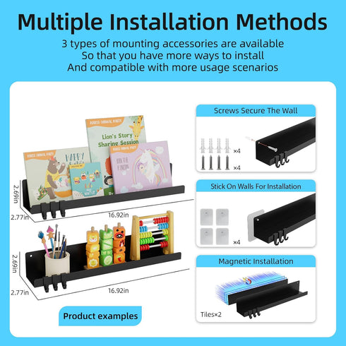 KMUZAWN 2-Pack 17 Inch 14.33 lbs, Magnetic Book Shelf for Whiteboard - Reusable Metal Magnetic Shelves, Holds Magnetic
