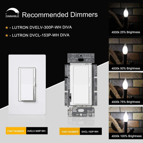 CRLight 2W 4000K LED Candelabra Bulb, 25W Equivalent, E12 Chandelier Dimmable, 6 Pack