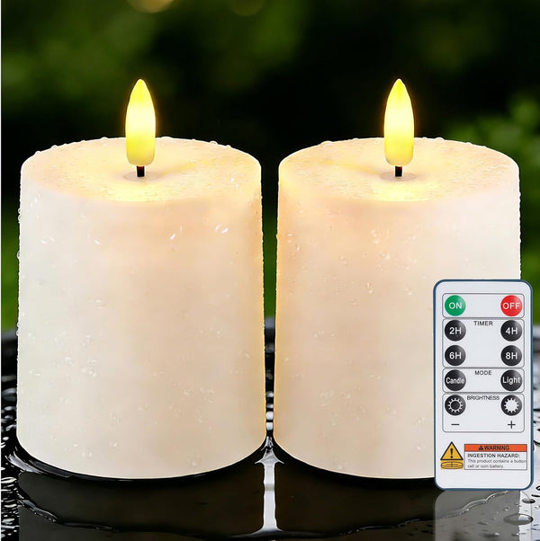Raycare 3"x3.5" White Outdoor Waterproof Flameless Candles with Remote and Timer, Realistic