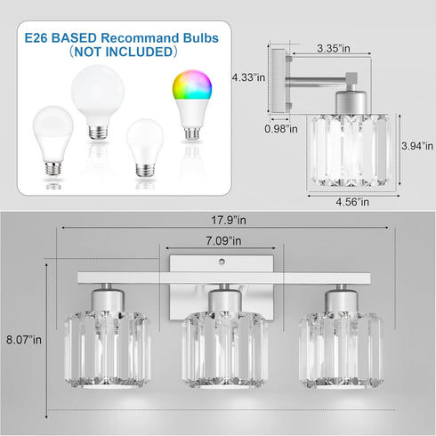3-Light E26 (Bulbs comzler Bathroom Light Fixtures Over Mirror, Brushed Nickel Crystal Wall Sconce with Base for Mirror
