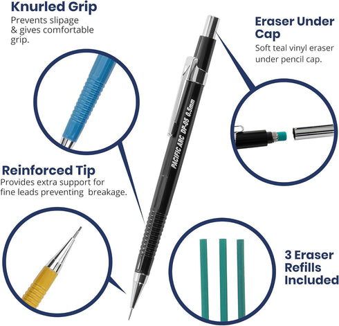 Pacific Arc Mechanical Pencil Set, .5 mm, .7mm, .9 mm with 3 Spare Erasers, Refillable Lead Pencil Holder for Drafting,