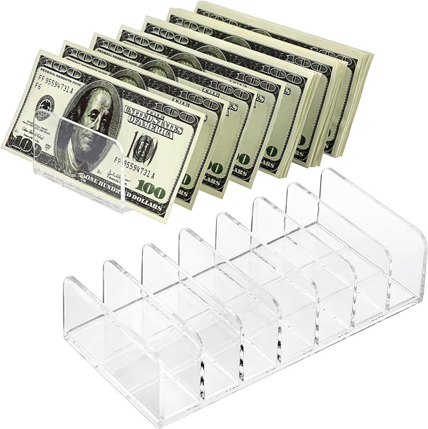 Hipiwe 2 Packs Clear Plastic Cash Tray Mail Organizer for Desk - 7 Slots Bill Divider Holder for Paper, Document, Makeup