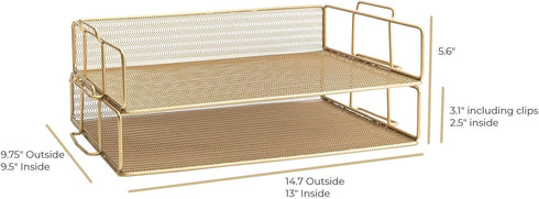 Set 2 BLU MONACO | Paper Tray Stackable Gold Mesh of | Stackable File Trays for Desk Organization | Tiered Desk