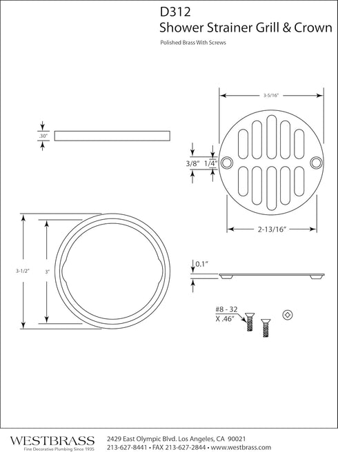 Westbrass Polished Chrome Shower Strainer Set with Screws, Grill and Crown, D312-26