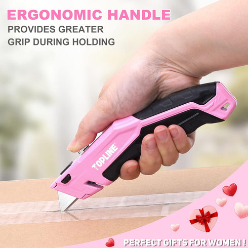 TOPLINE 2-Pack Pink Utility Knife Set, Retractable Pink Box Cutter and Pocket Folding Utility Knife, Blade Storage Design, 18-Piece SK5 Blades and a Dispenser Included by Topline