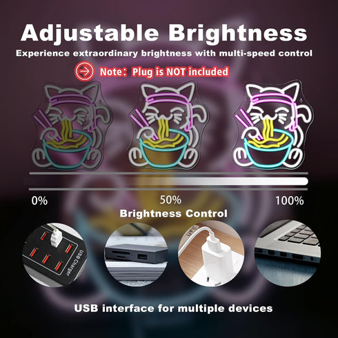 Fortune Cat Ramen Neon Signs for Wall Decor Japanese Cat LED Neon Light USB Powered Light Up Signs for Japanese Culture
