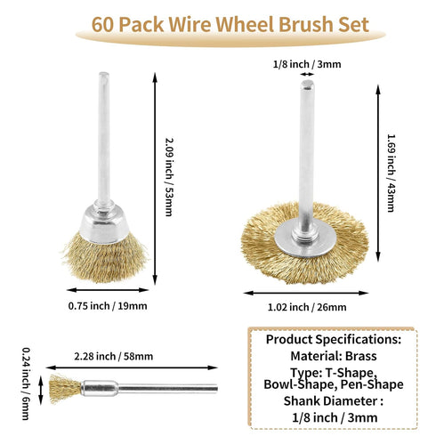 60 Pack Wire Wheel Brush Set, 1/8 Inch Shank Pure Brass Brush Kit, Rust Removal Tool Set, Wire Pen Brush + Bowl-Shape