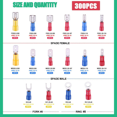 Twidec/300PCS 16Types Spade Crimp Connectors 2.8mm/4.8mm/6.3mm Male and Female Connector kit Includes Spade Fork Ring Insulated Wire Crimp Connectors and Wire Crimper Tool with Stripper Cutter