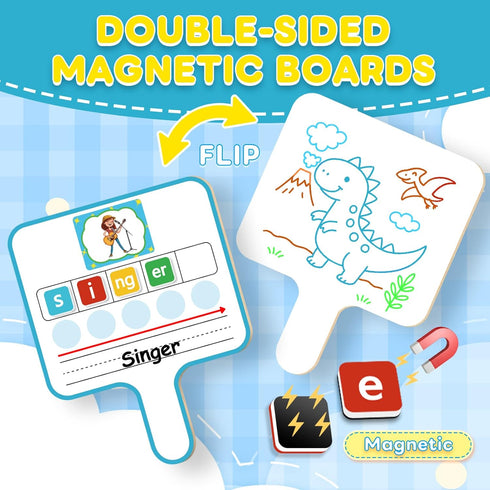 Laffunz Phonemic Awareness Elkonin Boxes Dry Erase Board, Magnetic Letter Tiles Spelling Reading Sound Games for Kids